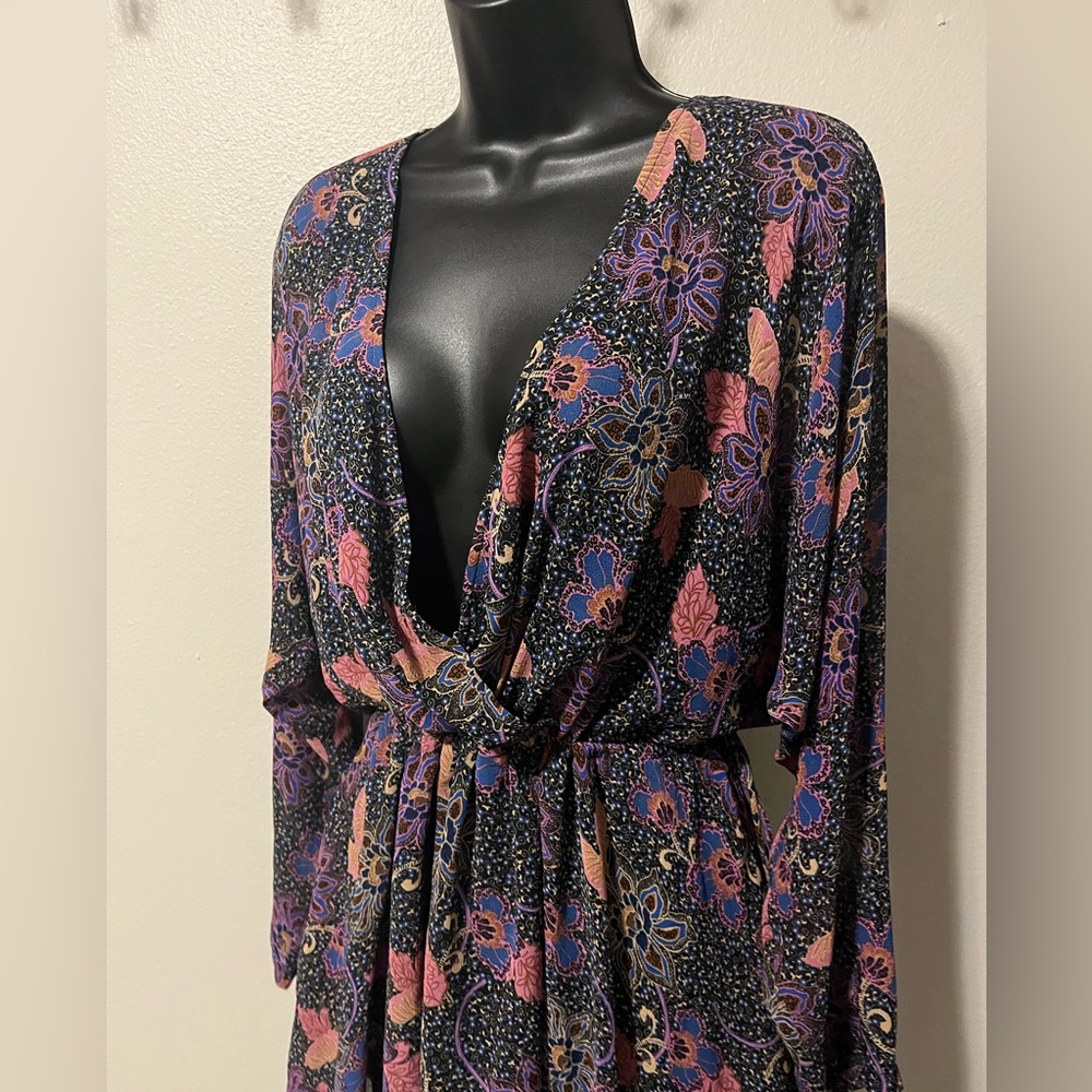 Free People women’s mini dress, bohemian pattern, purple blue, size S